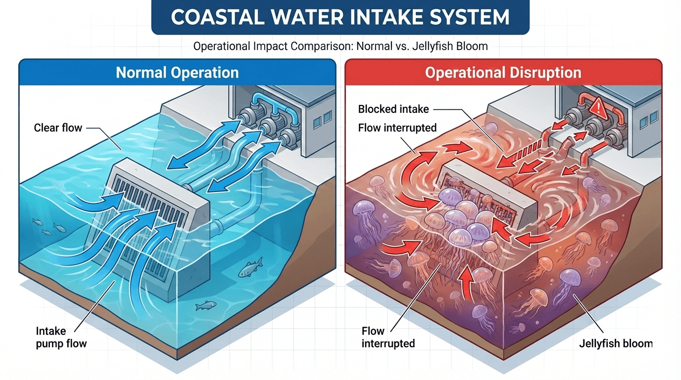 Comparison diagram showing normal intake operation versus jellyfish bloom disruption